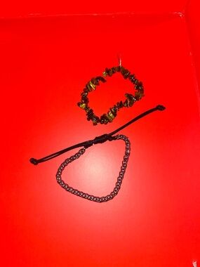 Set of Two Adjustable Bracelets - Brown Tiger Eye & Black Cord Chain